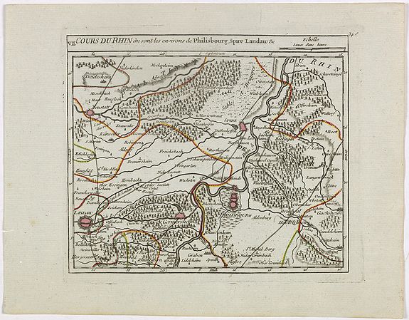 VAUGONDY, R. de, VII. Cours du Rhin où sont les environs de Philisbourg, Spire Landaw &c., antique map, old maps