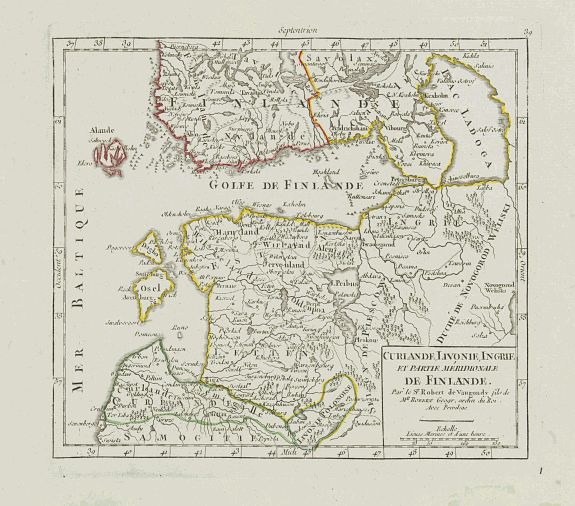 VAUGONDY, R. de, Curlande, Livonie, Ingrie et partie méridionale de Finlande., antique map, old maps