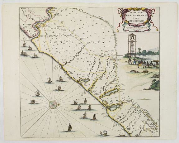 BLAEU,J./MARKGRAF,G./ HERCKMANNS,E., Praefecturae Paranambucae pars Meridionalis., antique map, old maps