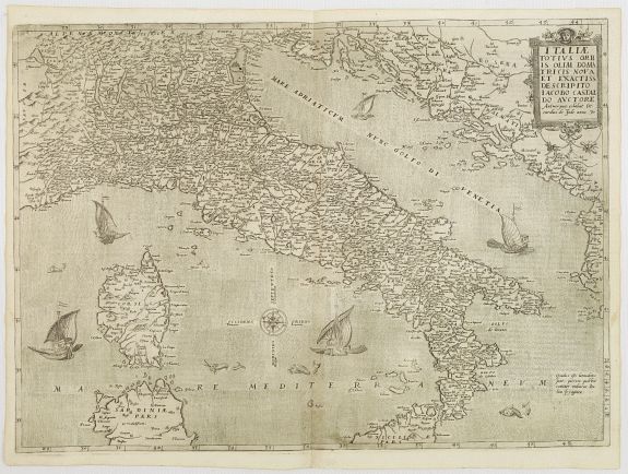 DE JODE,G., Italia totius orbis olim domatricis nova et exactiss descriptio Jacobo Castaldo auctore., antique map, old maps