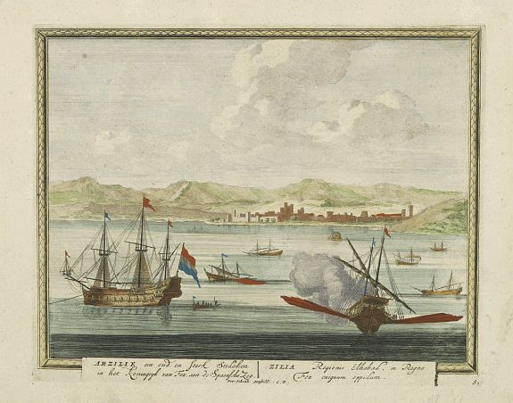 SCHENK, P., Arzilie een oud en sterk stedeken in het koningrijk van Fez, aen de Spaensche Zee., antique map, old maps