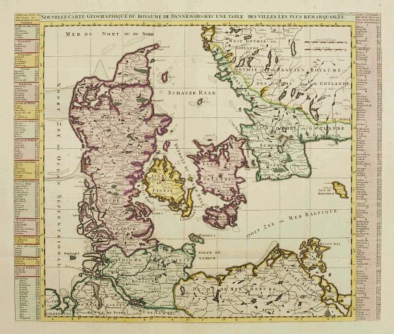 CHATELAIN,H., Nouvelle Carte Geographique du Royaume de Dannemarck avec une table des villes les plus remarquables., antique map, old maps