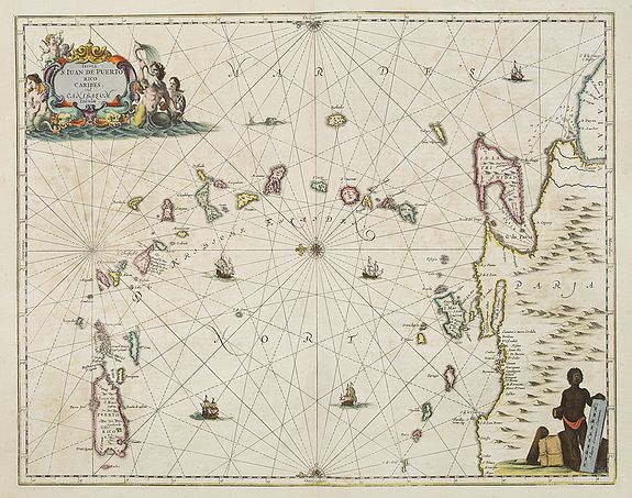 JANSSONIUS, J., Insula S.Iuan de Puertorico caribes vel Canibasun insulae., antique map, old maps