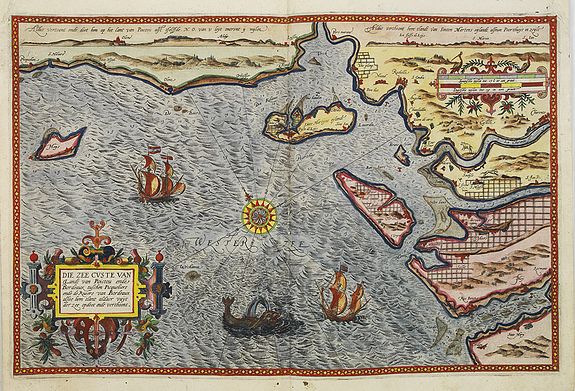 WAGHENAER, L. J., Die zee custe van tlandt van Poictou ende Bordeaux tuschen Picqueliers en de riviere van Bordeaux. . ., antique map, old maps