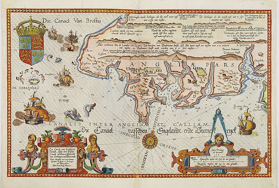 WAGHENAER, L. J., Zee caerte van Engelants Eijndt, Alsoe hem tselfde Landt verthoont beginnende van Sorlinges tot Pleijmondt . . ., antique map, old maps