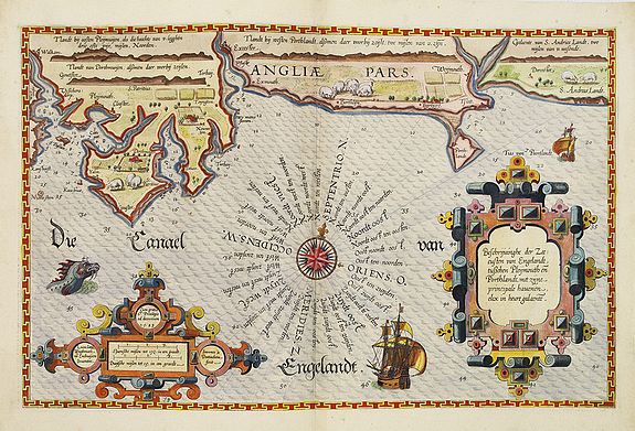WAGHENAER, L. J., Befchrijvinghe der Zee, custen van Engelandt, tusschen Pleijmouth en Porthlandt. . ., antique map, old maps