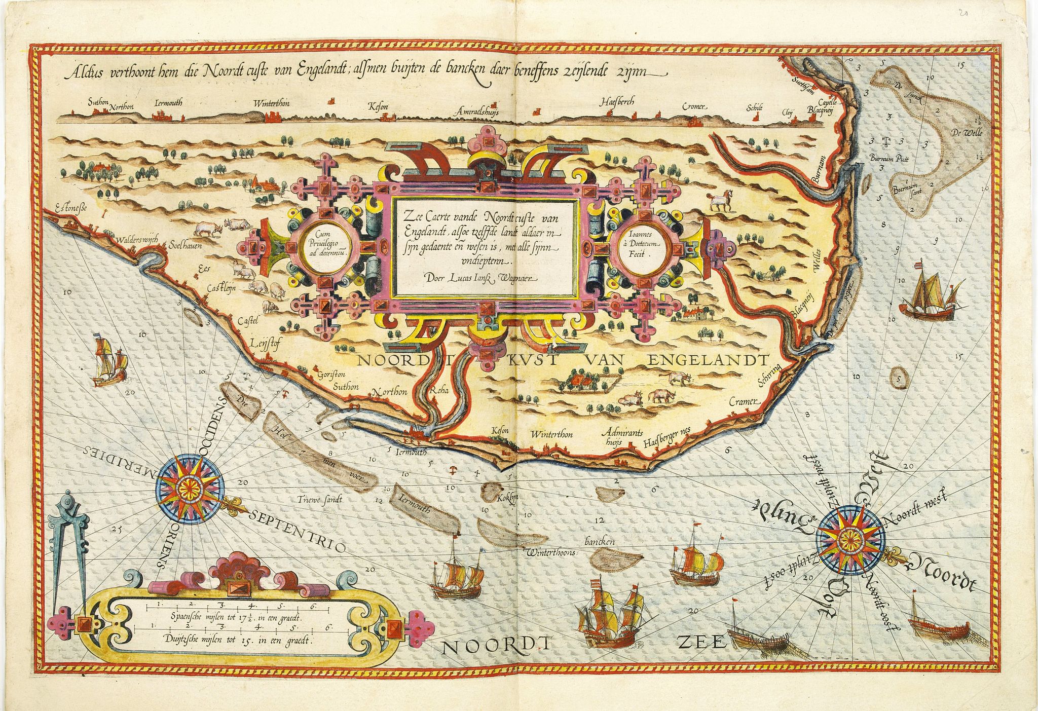 WAGHENAER, L. J., Zee Caerte vande Noordt custe van Engelandt, alsoe tzelffde landt aldaer. . ., antique map, old maps