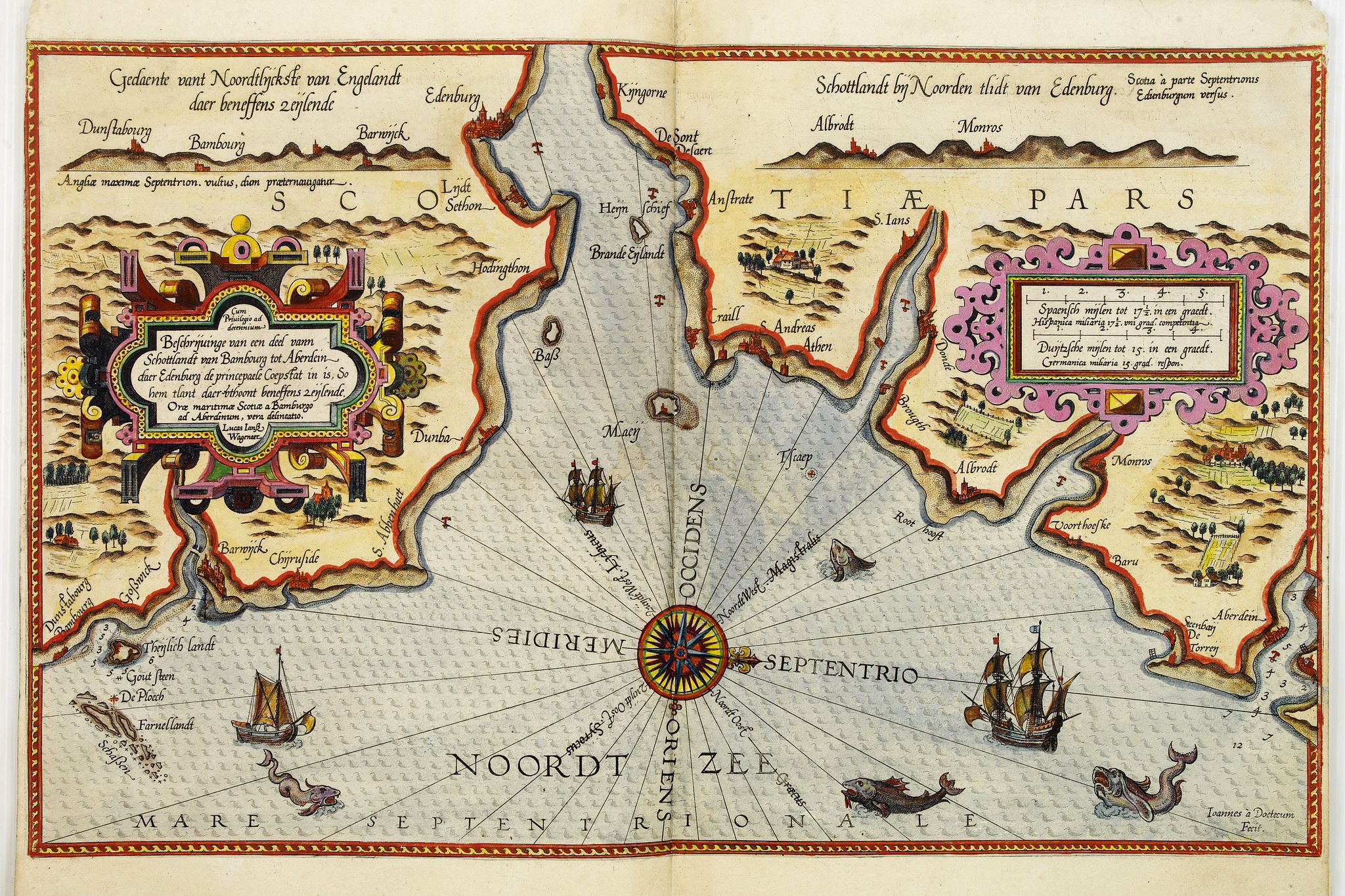 WAGHENAER, L. J., Beschrijvinge van een deel vann Schottlandt van Bambourg tot Aberdein. . ., antique map, old maps