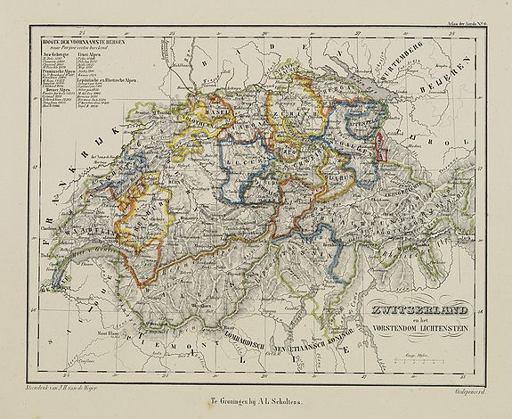 SCHOLTENS, A.L., Zwitseland en het Vorstendom Lichtenstein., antique map, old maps