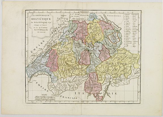VAUGONDY, R. de / DELAMARCHE, La République Helvétique en ses 19 Cantons., antique map, old maps