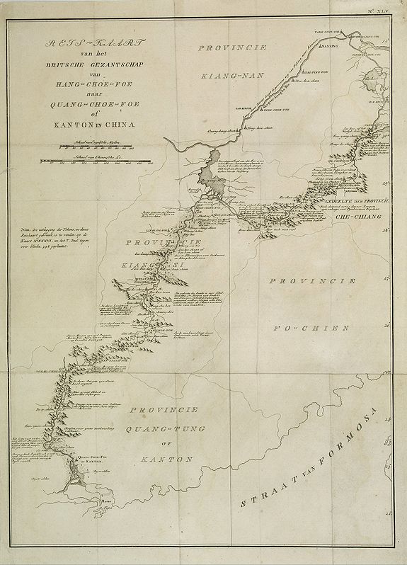 ANONYMOUS, Reis-kaart van het Britsche gezantschap van Hang-choe-foe naar Quang-choe-foe of Kanton in China., antique map, old maps