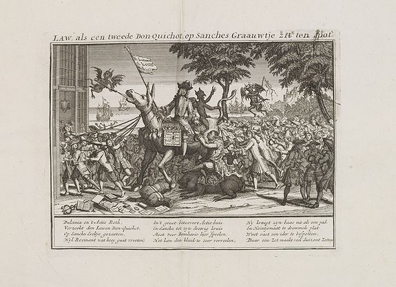 ANONYMOUS, Law, als een tweede Don Quichot, op sanches Graauwtje zit ten spot., antique map, old maps