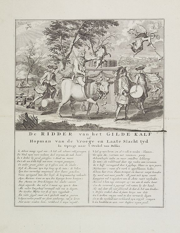 ANONYMOUS, De Ridder van het Gilde Kalf of Hopman van de Vroege en Laate Slacht tyd in optogt naar 't Orakel van Delfos., antique map, old maps