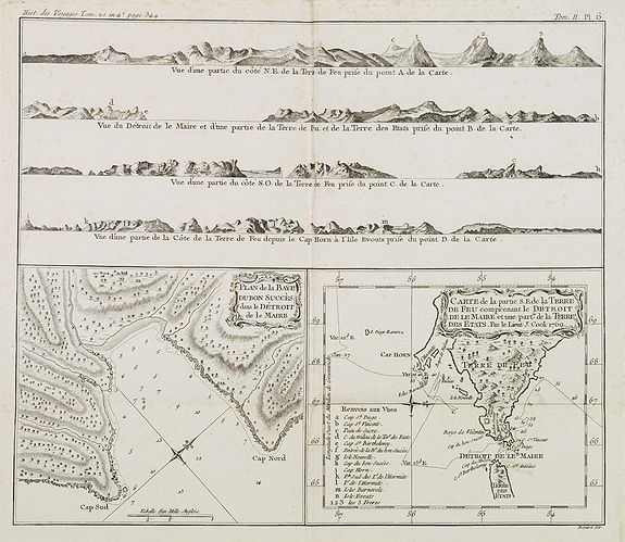 COOK, Captain James., Plan de la Baye du Bon succès dans le détroit de le Maire. / Carte de la partie S. E. de la Terre de Feu. . . / 4 profils figurant la Terre de feu. Tome II Pl. 6., antique map, old maps