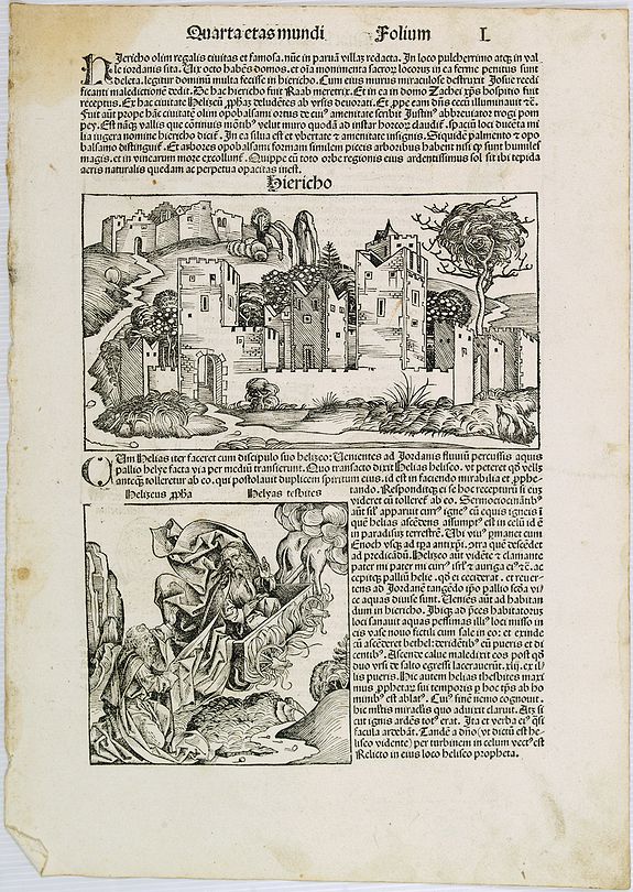 SCHEDEL, H., Quarta etas mundi Folium L. Jericho, The Prophet Elijah Ascending to Heaven. L, antique map, old maps