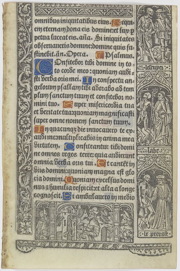 BOOK OF HOURS, Leaf on vellum from a printed Book of Hours, with the dance of deaths., antique map, old maps