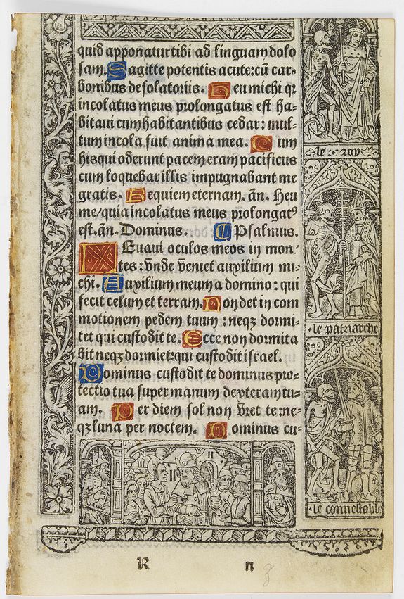 BOOK OF HOURS, Leaf on vellum from a printed Book of Hours, with the dance of deaths., antique map, old maps