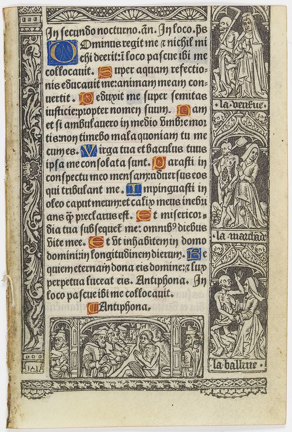 BOOK OF HOURS, Leaf on vellum from a printed Book of Hours, with the dance of deaths., antique map, old maps