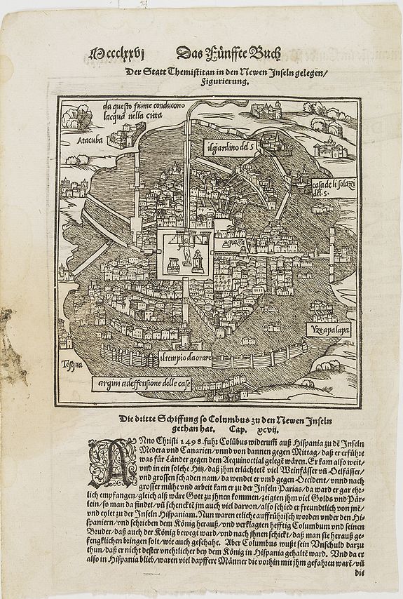 MÜNSTER,S., der Statt Themistitan in den newen Inseln gelegen / figurierung., antique map, old maps