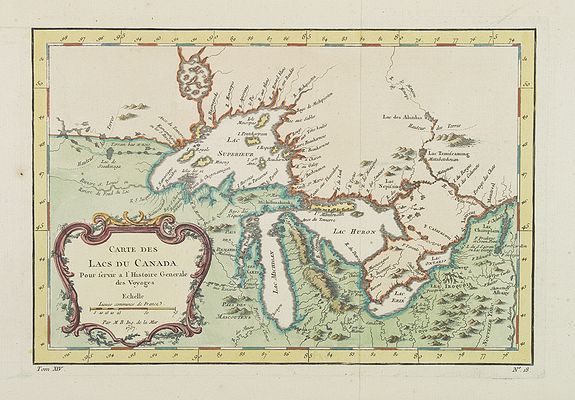BELLIN, J.N., Carte Des Lacs Du Canada Pour sevir a l'Histoire Generale des Voyages., antique map, old maps