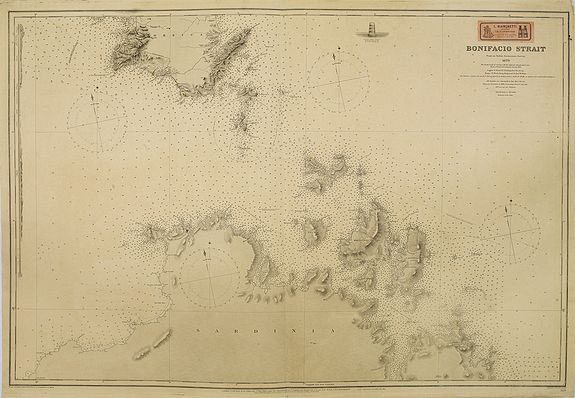 ADMIRALTY., Bonifacio Strait from an Italian Government Survey, 1879. The South Coast of Corsica with the adjacent islands and rocks from a French Government Survey 1884. . ., antique map, old maps