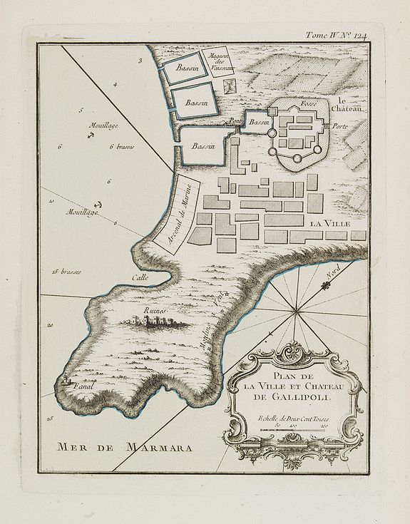 BELLIN, J.N., Plan de la ville et château de Gallipoli., antique map, old maps