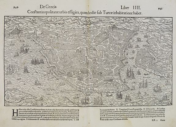 MÜNSTER, S., De Graecia Constantinopolitanae urbis effigies, quamhodie sub Turccae inhabitatione habet., antique map, old maps