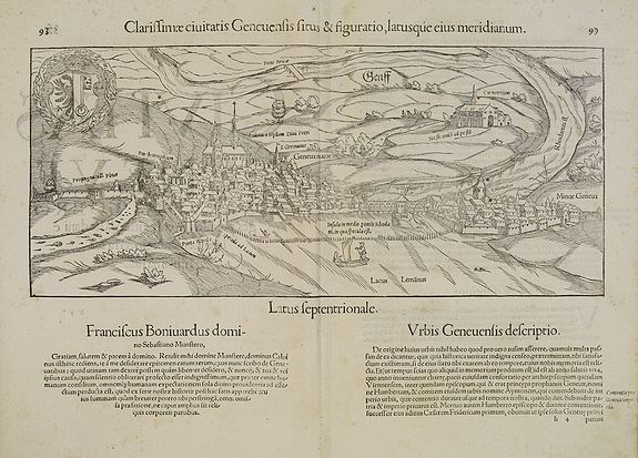 MÜNSTER, S., Clarissimae ciuitatis Geneuensis situs & figuratio, latusque eius meridianum., antique map, old maps