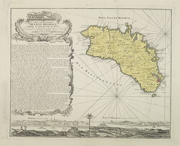 HOMANN HEIRS / BEAURAIN, Jean Chev. De, Carte topographique de l'isle Minorque dediée et presentée au roy par le chevalier de Beaurain. . . et communiquée au public par les Heritiers de Homan en l'an 1757., antique map, old maps