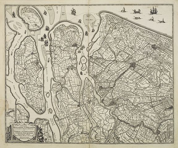 DE WIT, F, Novissima Delflandiae, Schielandiae et circumiacentium insularum ut Voornae, Overflackeae Goerea, Iselmondae aliarumque tabula Auctore Balthazaro Florentio a Berckenrode Amstelodami. Apud Fredericum De Witt., antique map, old maps