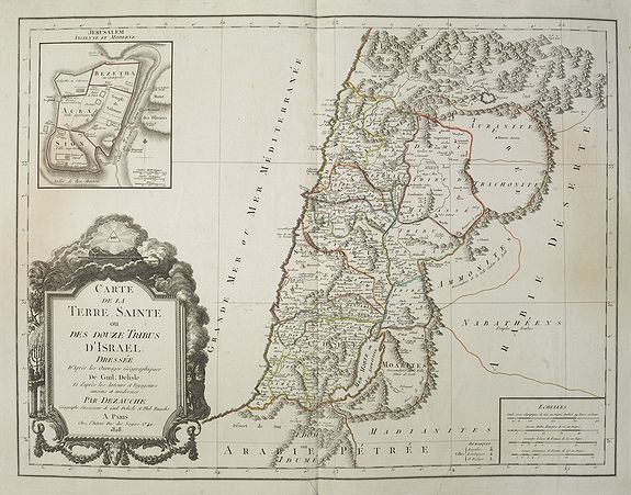 DELISLE, G. / DEZAUCHE, J. A., Carte de la Terre Sainte ou des Douze Tribus d'Israel Dressée D'Après les Ouvrages Géographiques De Guil. Delisle. Et d'après les Auteurs et Voyageurs anciens et modernes Par Dezauche, Géographe et successeur de Guil. Delisle et Phil. Buache., antique map, old maps