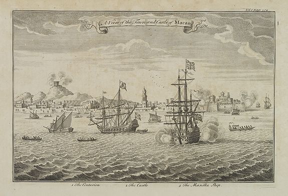 HARRIS, J., A view of the town and castle of Macao., antique map, old maps