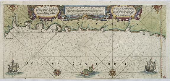 BLAEU, W., Pascarte van Biscaijen, afbeeldende de rechte gelegenheyt der zeehavenen. . . C. de Pminas. . ., antique map, old maps