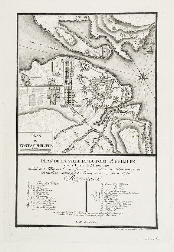 GONTGEN, Plan de la ville et du fort St. Philippe dans l'Isle de Minorque assiégé le 8 mai par l'armée française aux ordres du Maréchal de Richelieu, occupé par les Français le 29 juin 1756., antique map, old maps