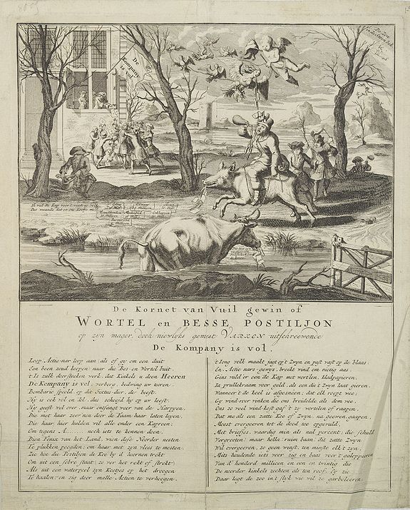 ANONYMOUS, De kornet van vuil gewin of wortel en besse postiljon op zyn mager, doch niewlyks gemest varken uitschreewende de kompany is vol., antique map, old maps