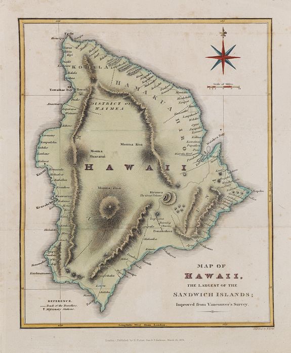 FISHER, H. / JACKSON, P., Map of Hawaii, the largest of the Sandwich islands. Improved from Vancouver's Survey., antique map, old maps