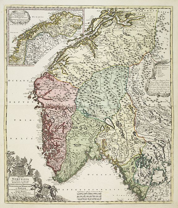 DE WIT, F. / COVENS, J. / MORTIER, C., Regni Norvegiae Nova Tabula in Quinque Praefecturas Generalis. Aggerhusiensem, Bergensem, Nidrosiensem, Warhusiae et, antique map, old maps