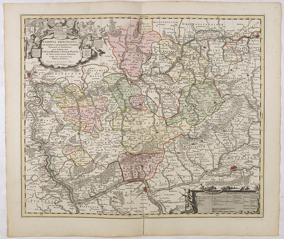 SCHENK, P. / VISSCHER, N., Nassovia Principatus Cum omnibus ei pertinentibus Comitatibus Dominiis ac Praefecturis ut et Confiniis intra Lahnun, Rhenum, et Moenum Flumina, ad situm verum exacte delineatus a Joh. Jac. Stetter. U.J.L. Idstenio-Nassovio . . ., antique map, old maps