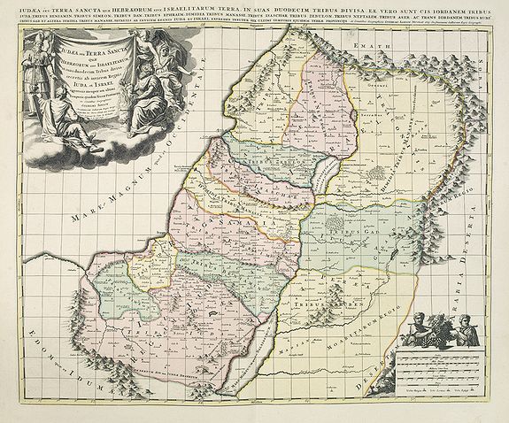 SANSON, N. / SCHENK, P., JUDEA seu TERRA SANCTA quae HEBRAEORUM sive ISRAELITARUM in suas duodecim Tribus divisa secretis ab invicem Regnis IUDA et ISRAEL expressis in super sex ultimi temporis eiusdem Terrae Provincijs. . ., antique map, old maps