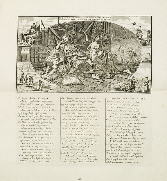 ANONYMOUS, De Zuid Zé Compagnie door wind in top gerezen beklaagt nu haar verlies met een bekommerd wezen., antique map, old maps