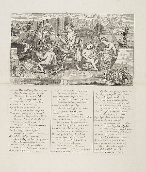 ANONYMOUS, De inbeelding heersseres van't rookverkopers-gild, maald Missisippi hier 't geen Vrankryks schat verspild., antique map, old maps
