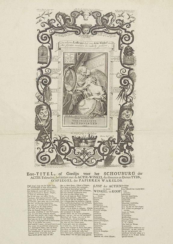 ANONYMOUS, Een schoone Lofkrans deese onse Actie Winkel cierd Met planten, meubelen en veelerly gediert. - Graf kelder der verongelukte actionisten., antique map, old maps