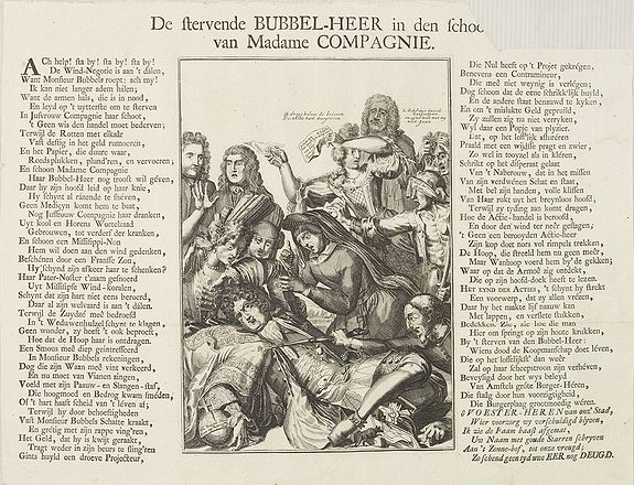 ANONYMOUS, De Stervende Bubbel-Heer in den schoot van Madame Compagnie., antique map, old maps