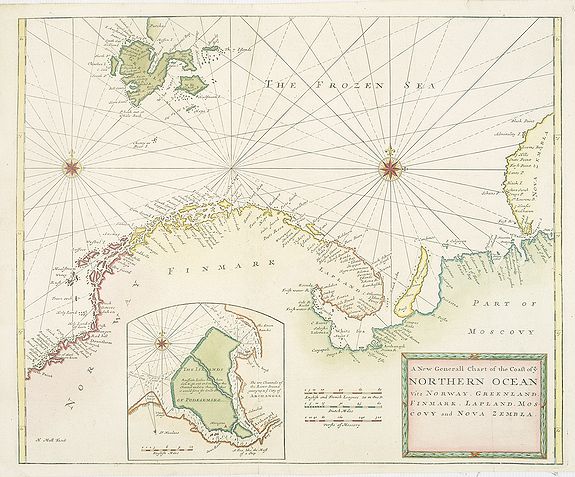 SELLER, J., A New Generall Chart of Ye Northern Ocean vitz Norway, Greenland, Finmark, Lapland, Moscovy and Nova Zembla., antique map, old maps
