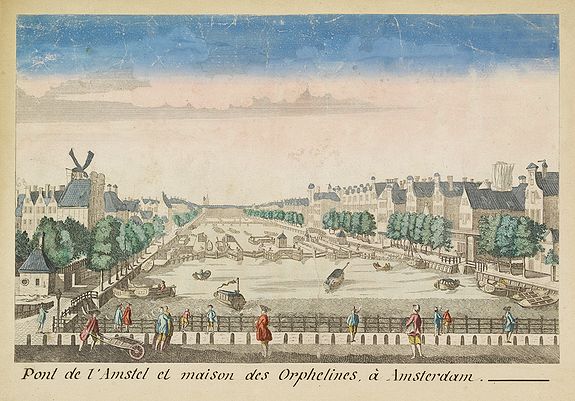 MONDHARD, Pont de l'Amstel et maison des orphelines à Amsterdam., antique map, old maps