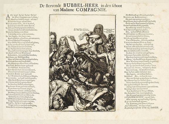 ANONYMOUS, De stervende Bubbel-heer in den schoot van Madame Compagnie., antique map, old maps