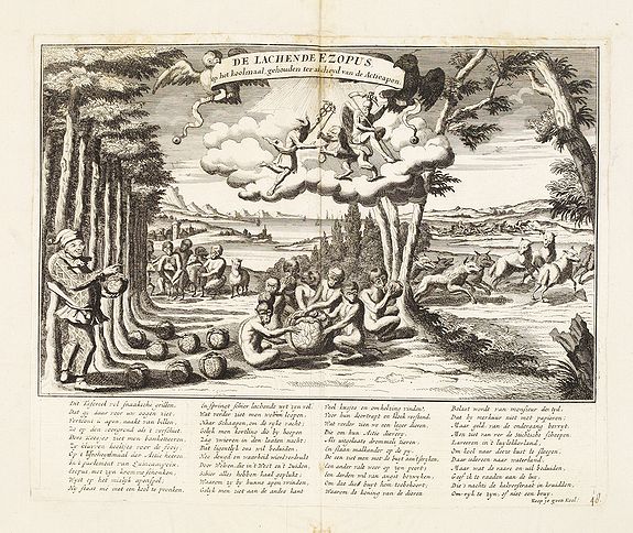 ANONYMOUS, De lachende ezopus, op het koolmaal, gehouden ter afscheyd van de Actie apen., antique map, old maps