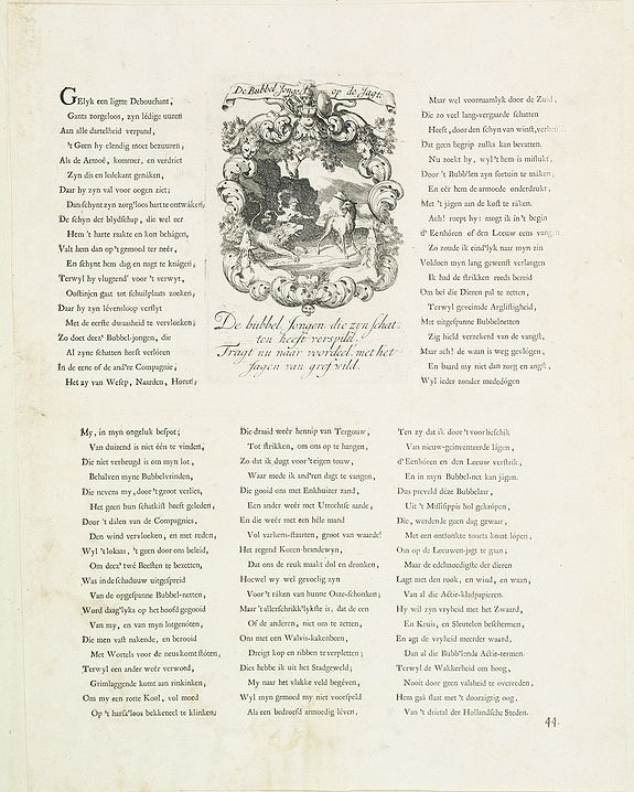 ANONYMOUS, De bubbel Jonge op de Jagt. - De bubbel jongen, die zyn schatten heeft verspild, Tragt nu naar voordeel, met het jagen naar grof wild., antique map, old maps