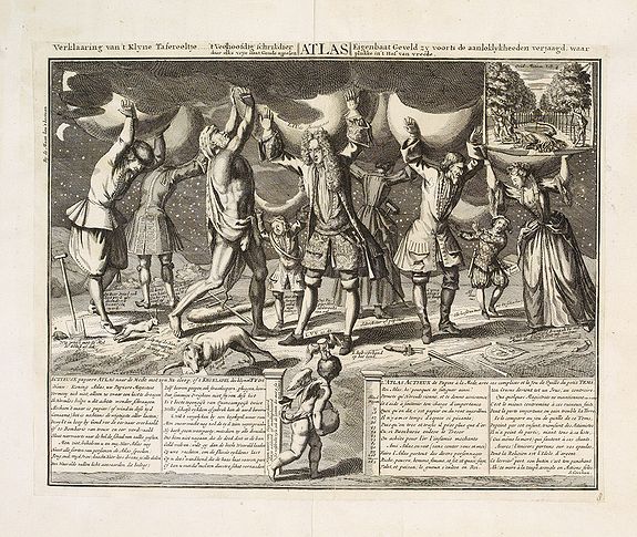 ANONYMOUS, ATLAS. Verklaaring van't klyne Tafereeltje. 't Veelhoofdig schrikdier door elks vrye staat Goude appelen. Eigenbaat Geveld zy voorts de aanloklykheeden verjaagd, waar plukke in 't Hof van Vreede., antique map, old maps