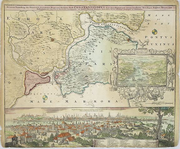 HOMANN, J.B., Accurate Vorstellung der Orientalisch Kayserlichen Haupt- und Residenz-Stadt Constantinopel samt ihrer Gegend und zweven berühmten Meer-Engen Bosphoro Thracio und Hellesponto.., antique map, old maps